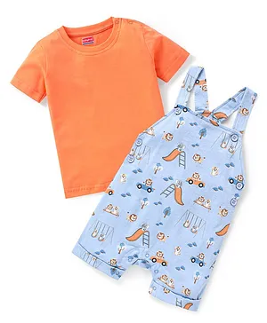Babyhug 100% Cotton Knit Half Sleeves T-Shirt & Dungaree Set Wild Animals Print- Orange & Blue