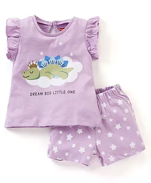 Babyhug Cotton Knit Short Sleeves Night Suit Dino Print - Purple