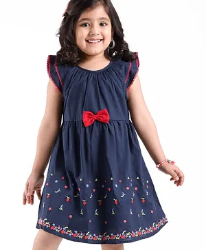 Babyhug Rayon Short Sleeves Dobby Frock With Floral Embroidery & Bow Applique- Navy Blue