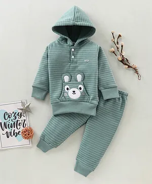 Mom's pet Full Sleeves Animal Face & Ear Applique With Stripe dEsign Detailed Hooded Tee With Coordinating Pant - Green