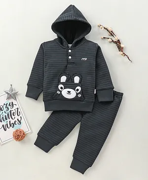 Mom's pet Full Sleeves Animal Face & Ear Applique With Stripe dEsign Detailed Hooded Tee With Coordinating Pant - Black