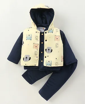 Mom's pet Full Sleeves Solid Tee With All Over Dog & House Printed Hooded Jacket & Pant - Navy Blue