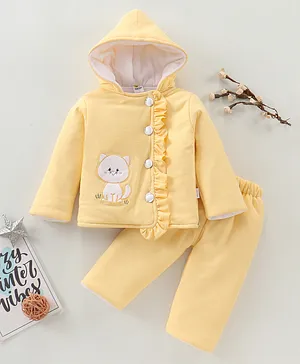 Mom's pet Full Sleeves Cat Embroidered & Frill Detailed Hooded Jacket & Pant - Yellow