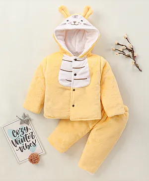 Mom's pet Full Sleeves Bunny Detail Hooded Fur Jacket And Pant - Yellow