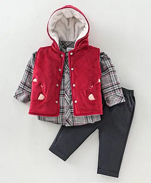 Mom's pet Sleeveless Jacket & Full Sleeves Checks  Shirt With Pant For Winter - Red