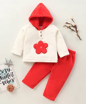 Mom's pet Full Sleeves Flower Detail Hooded Sweatshirt With Pant - Red