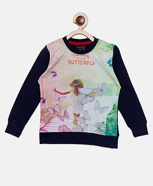 Nins Moda Full Sleeves Butterfly With Girl Graphic Printed Pre Winter Top - Navy Blue