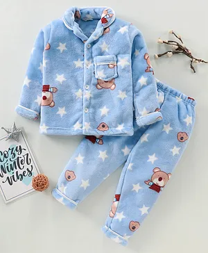 Mom's pet Full Sleeves Fur Lined All over Teddy Printed Night Suit - Blue
