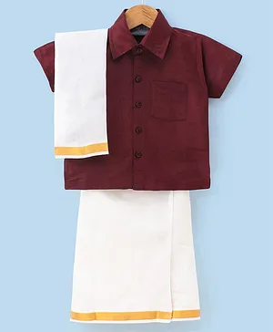 Dapper Dudes Half Sleeves Solid Shirt With Mundu And Angavastram - Brown