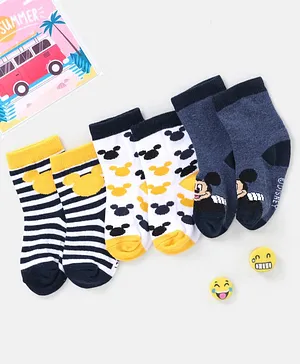 Cutewalk By Babyhug Anti Bacterial Ankle Length Non Terry Socks Mickey Mouse Design Pack of 3 - Navy Blue
