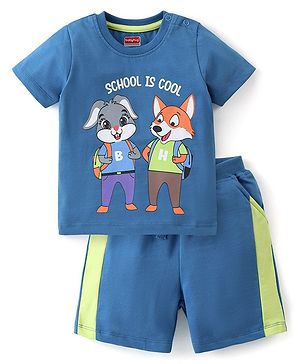 Babyhug 100% Cotton Knit Half Sleeves T-Shirt & Shorts Set Bunny Print - Blue