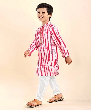Babyhug Woven Full Sleeves Mandarin Collar Kurta & Pajama Set with Tie Dye Print - Red & White