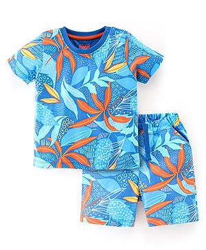 Babyhug 100% Cotton Knit Half Sleeves T-Shirt & Shorts Set Tropical Print - Blue