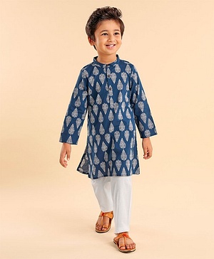 Babyhug 100% Cotton Woven Full Sleeves Kurta with Pyjama Set Floral Print - Blue Babyhug 100% Cotton Woven Full Sleeves Kurta with Pyjama Set Floral Print - Blue