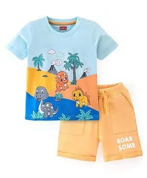 Babyhug 100% Cotton Knit Half Sleeves T-Shirt & Shorts Set Dino Print - Blue & Light Orange