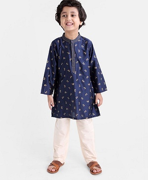 Babyhug Full Sleeves Kurta & Pyjama Set Floral Print- Navy Blue