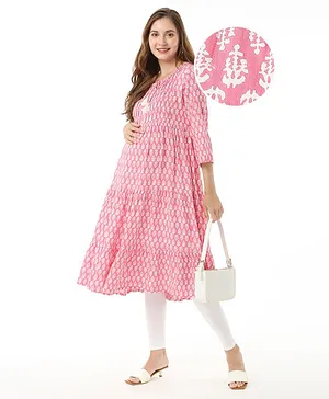 Bella Mama  Woven Three Fourth Sleeves Maternity Dress with Pocket Floral Print - Pink