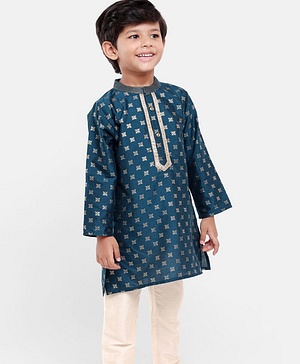 Babyhug Full Sleeves Kurta with Pyjama Set with Zari Design & Golden Lace Detailing - Teal
