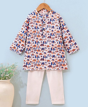 Babyhug 100% Cotton Full Sleeves Kurta With Payjama Set Elephant Print - Blue