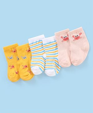 Cutewalk By Babyhug Anti Bacterial Ankle Length Non Terry Socks Striped Design Pack of 3- Yellow