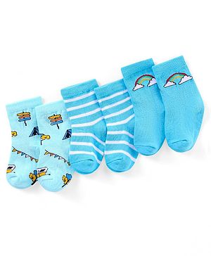 Cutewalk By Babyhug Anti Bacterial Ankle Length Non Terry Socks Striped Pack of 3 - Blue