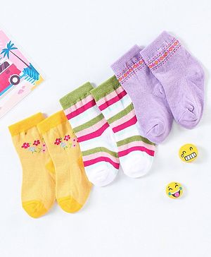 Cutewalk By Babyhug Anti Bacterial Ankle Length Non Terry Socks Floral Design Pack of 3- Yellow & Purple