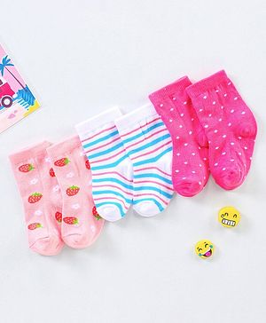 Cutewalk By Babyhug Anti Bacterial Ankle Length Non Terry Socks Strawberry Design Pack of 3- Pink