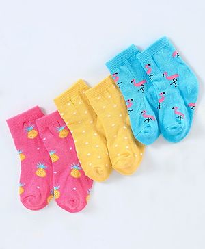 Cutewalk By Babyhug Anti Bacterial Ankle Length Non Terry Socks Pineapple Design Pack of 3- Blue & Yellow