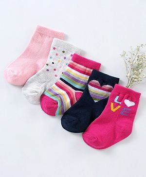 Cutewalk By Babyhug Anti Bacterial Ankle Length Non Terry Socks Heart Design Pack of 5 - Multicolour