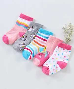 Cutewalk By Babyhug Anti Bacterial Ankle Length Non Terry Socks Unicorn Design Pack of 5 - Pink &  Blue