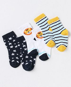 Cute Walk By Babyhug Non Terry Cotton Knit Ankle Length Anti Bacterial Socks Stripes & Stars Design Pack of 3 - Blue White & Yellow
