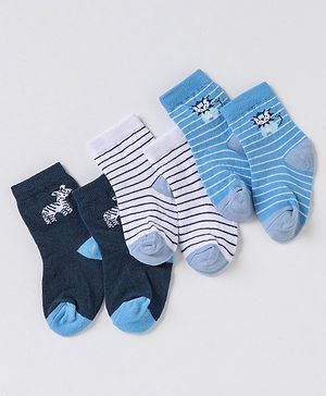 Cute Walk By Babyhug Non Terry Cotton Knit Ankle Length Anti Bacterial Socks Stripes & Zebra Design Pack of 3 - Blue & White