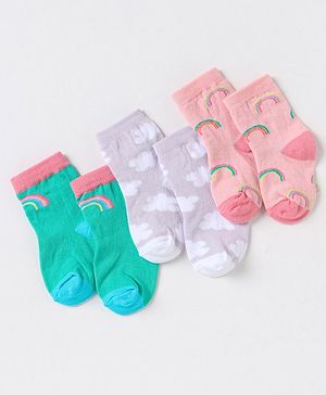 Cute Walk by Babyhug Non Terry Cotton Knit Ankle Length Anti Bacterial Socks Clouds & Rainbow Design Pack of 3 - Green Grey & Pink