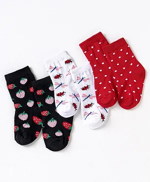 Cute Walk by Babyhug Non Terry Cotton Knit Ankle Length Anti Bacterial Socks Strawberry & Beatle Design Design Pack of 3 - Red & Black