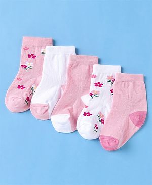 Cute Walk by Babyhug Non Terry Cotton Knit Ankle Length Anti Bacterial Socks Floral Design Pack of 5 - Pink & White