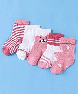 Cute Walk by Babyhug Non Terry Cotton Knit Ankle Length Anti Bacterial Socks Kitty Design Pack of 5 - Pink & White