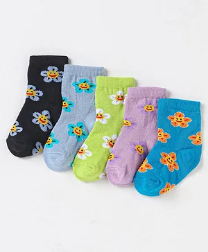 Cute Walk by Babyhug Non Terry Cotton Knit Ankle Length Anti Bacterial Socks Sunflower Design Pack of 5 - Multicolour