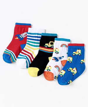 Cute Walk by Babyhug Non Terry Cotton Knit Ankle Length Anti Bacterial Socks Rocket Print Pack of 5 - Multicolour