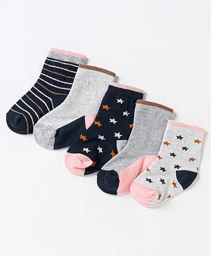 Cute Walk by Babyhug Non Terry Cotton Knit Ankle Length Anti Bacterial Socks Stars Design Pack of 5 - Grey & Black