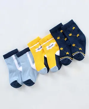 Cutewalk By Babyhug Cotton Anti Bacterial Ankle Length Socks Star Design Pack of 3- Yellow & Blue