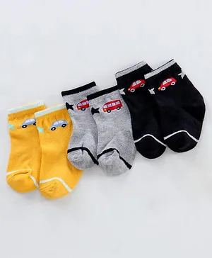 Cutewalk By Babyhug Anti Bacterial Ankle Length Non Terry Socks Car Design Pack of 3- Yellow & Black
