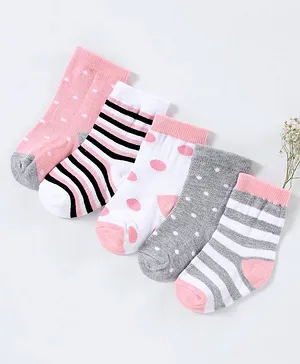 Cutewalk By Babyhug Anti Bacterial Ankle Length Non Terry Socks Striped Pack of 5 - Pink & Grey