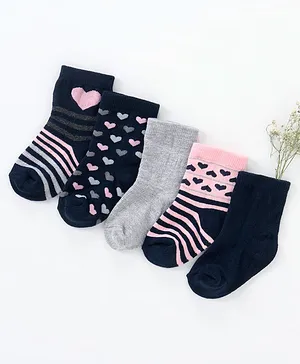 Cutewalk By Babyhug Anti Bacterial Ankle Length Non Terry Socks Heart Design Pack of 5 - Multicolour