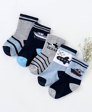 Cutewalk By Babyhug Anti Bacterial Ankle Length Non Terry Socks Submarine Design Pack of 5 - Blue & Black
