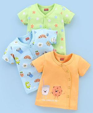 Babyhug 100% Cotton Knit Half Sleeves Vests Food & Star Print Pack of 3 - Green Blue & Orange