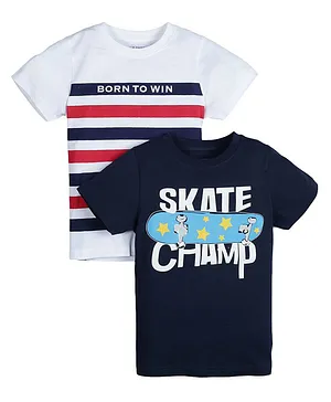 Plum Tree Pack Of 2 Half Sleeves Champ & Born To Win Tees - White & Navy Blue