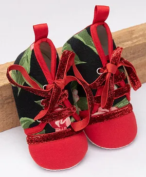 Daizy Floral Print And Shimmery Laces Detail Booties - Red