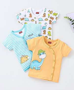 Babyhug 100% Cotton Knit Half Sleeves Striped & Dino Printed Vests Pack of 3 - Orange White & Blue
