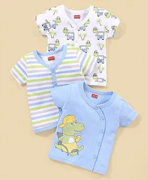 Babyhug 100% Cotton Knit Half Sleeves Striped & Dino Printed Vests Pack of 3 - White & Blue