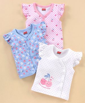 Babyhug 100% Cotton Short Sleeves Vests Cherry Print Pack of 3 - Blue & White